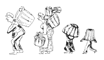 Historische Illustration: Lastenträger mit geflochtenen Körben
